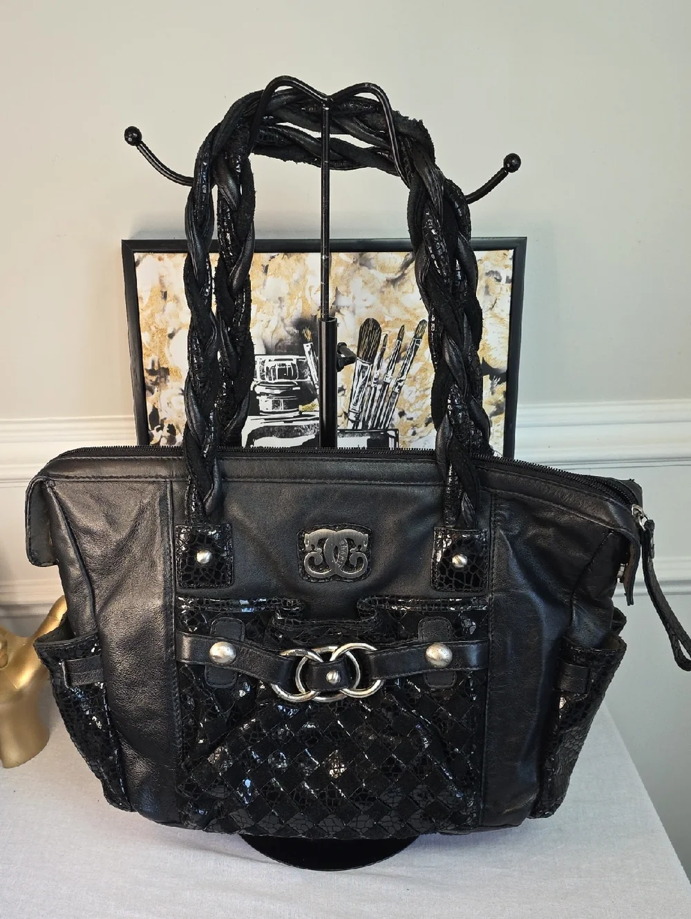 Sharif 1827 Black Braided-Handle Tote with Woven Front - Picture 1 of 10